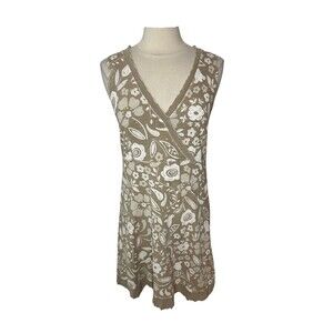 Fresh Produce Dress Womens Size Small Beige White Floral Lettuce Hem Sleeveless
